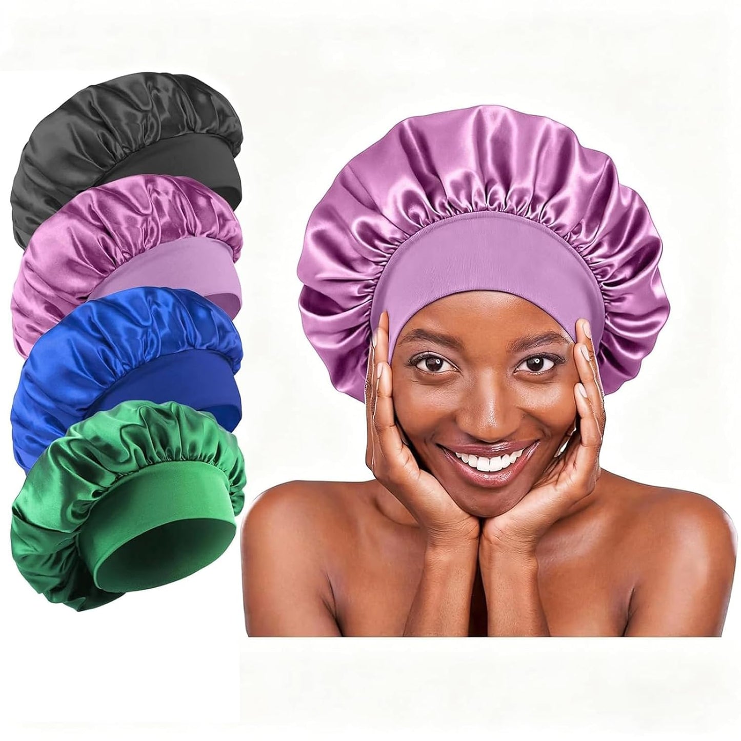 4Pcs Silk Satin Bonnets for Sleeping - Elastic Wide Band Wrap for Black Women Men,Silk Bonnets for Curly Hair,Large Hair Cap for Sleeping (Black+Wine Red+Purple+Brown)