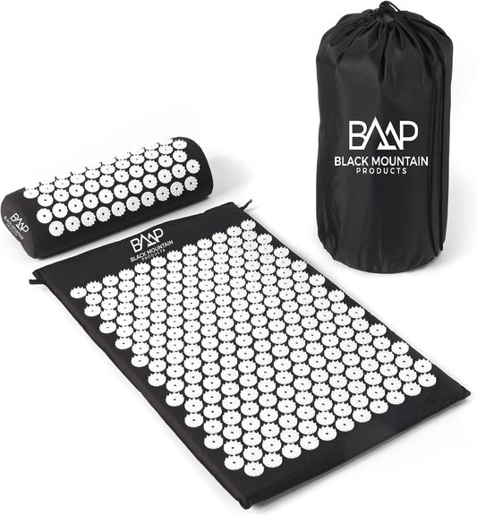Black Mountain Products Acupressure Mat with Pillow & Carrying Bag - Acupressure Mat for Trigger Pt. Massage Therapy, Black