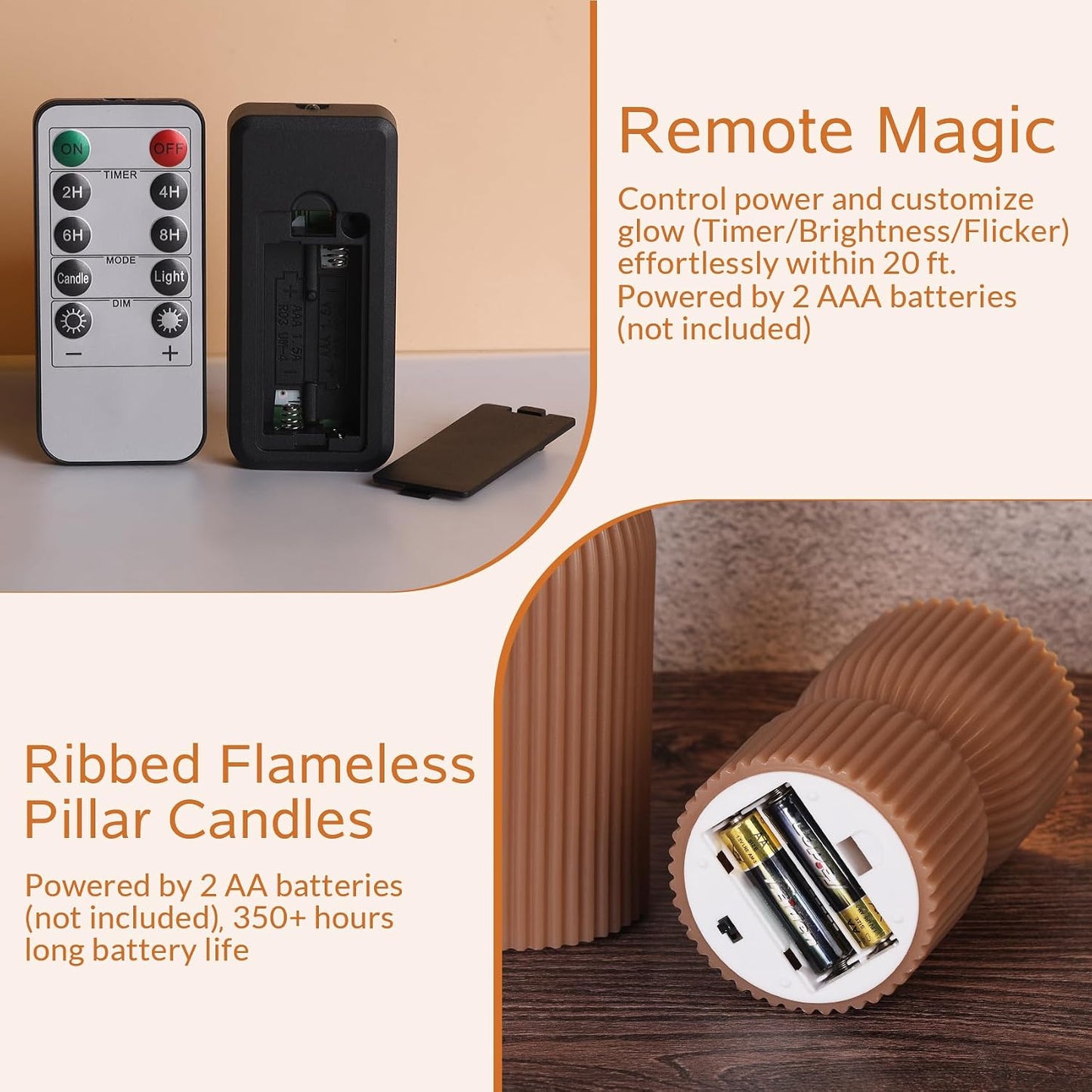 White Ribbed Flameless Pillar Candles with Remote, Real Wax Flickering Battery LED Candles Set of 2
