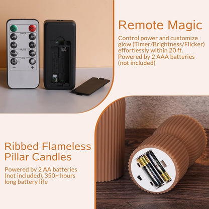 White Ribbed Flameless Pillar Candles with Remote, Real Wax Flickering Battery LED Candles Set of 2