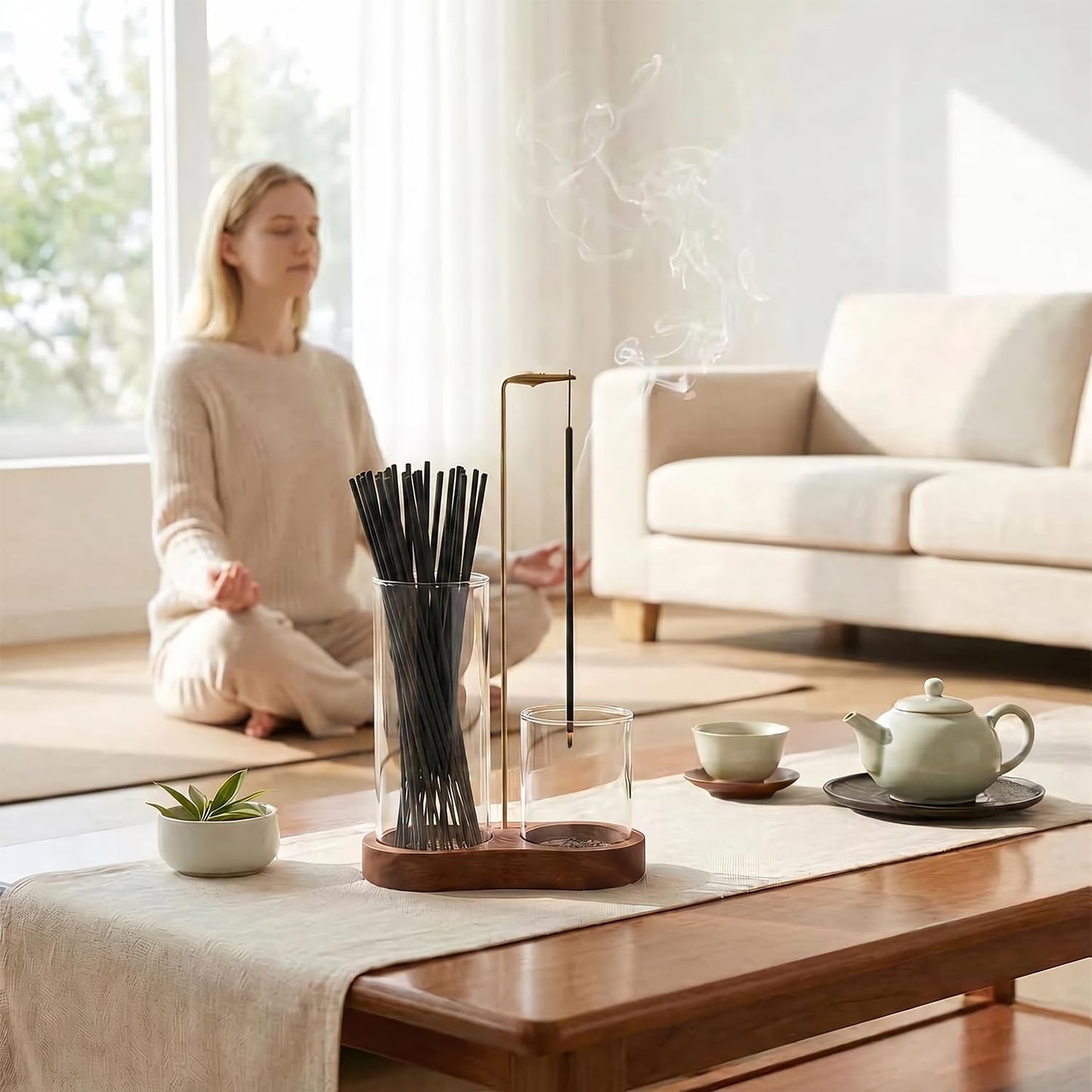 Incense Holder for Sticks with Glass Ash Catcher - Upside Down Anti-Ash Flying Incense Burner & Stick Storage Organizer, Ideal for Meditation, Yoga, Zen Home Decor, Spa Relaxation Gift