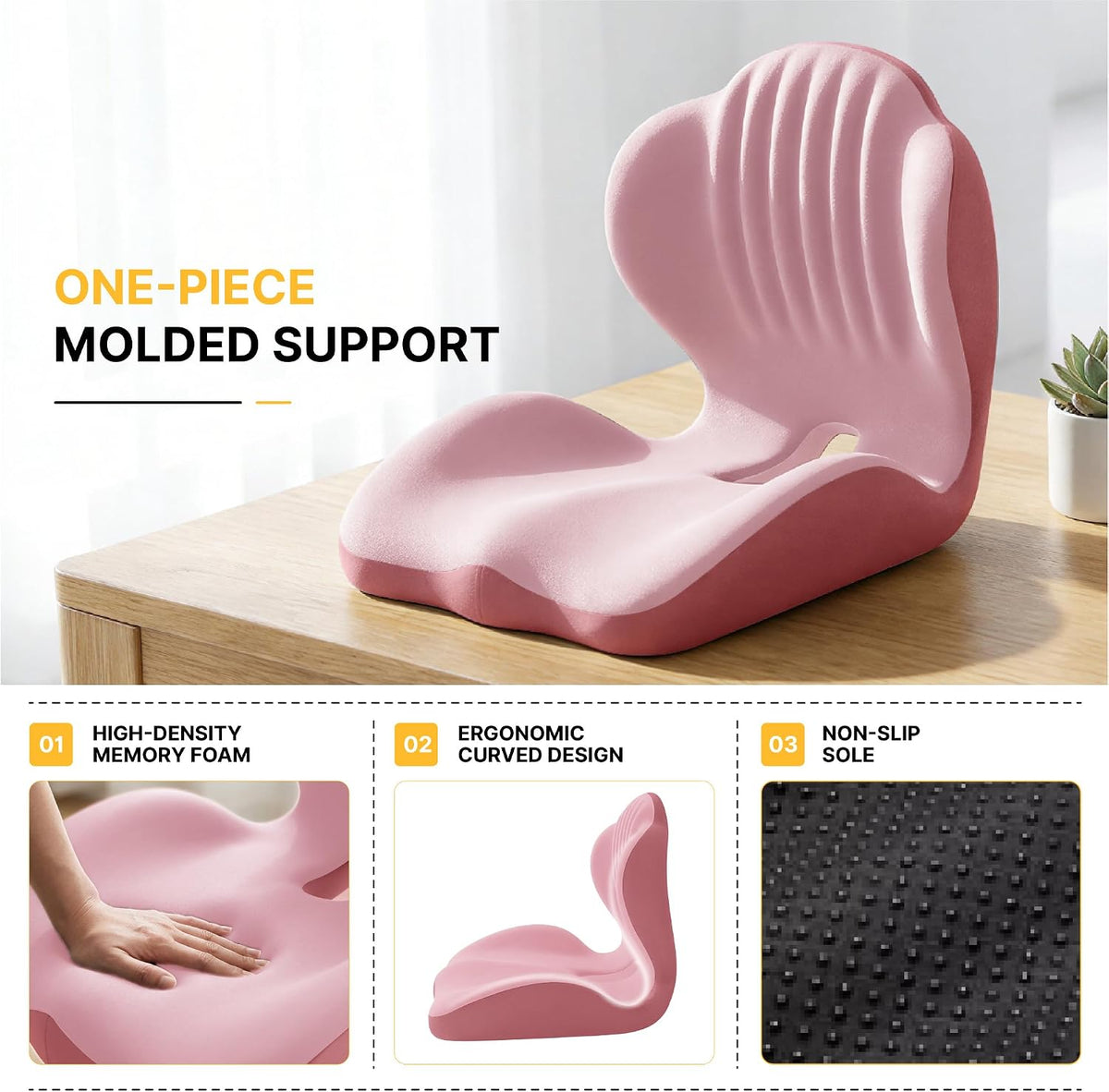 Ergonomic Seat Memory Foam Support Cushion for Back, Car Seat Back Support Cushion for Sciatica Tailbone Pain, Office Desk Chair Car Travel Seat Cushion (Pink)