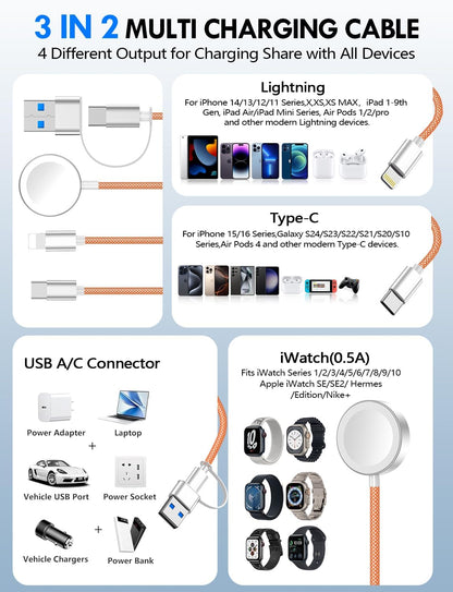 Travel Essentials for Apple Watch Charger,3-in-2 Multi Charging Cable