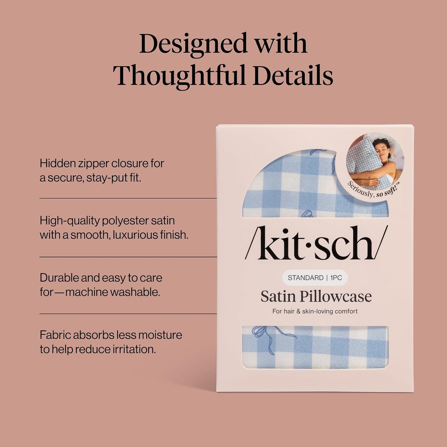 Kitsch Satin Pillowcase with Zipper for Hair & Skin - Softer Than Silk Pillow Cases, Smooth Cooling Satin Pillow Case, Wrinkle-Free, Machine Washable - Pillow Cases Standard Size (19x26) - Blush