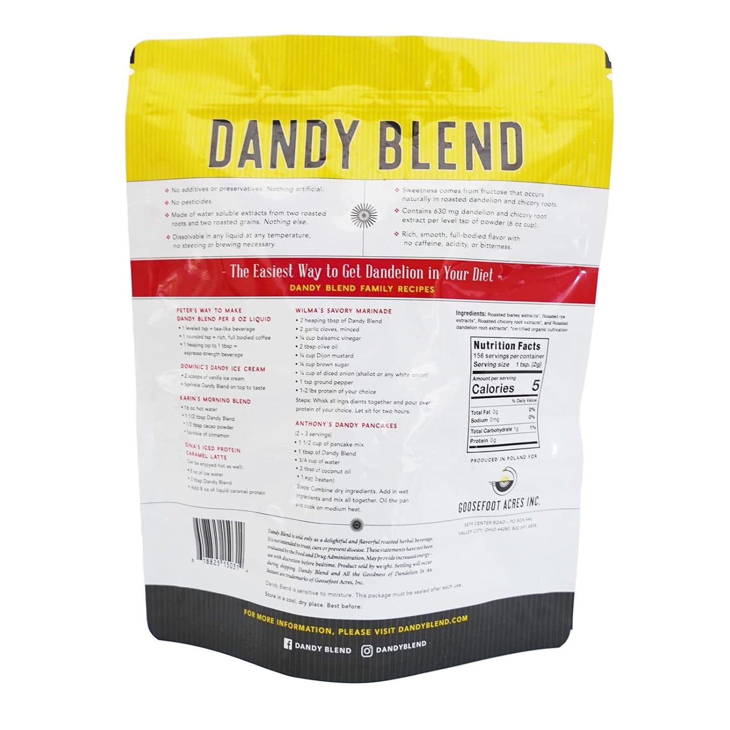 454 Cup Bag of Original Dandy Blend Instant Herbal Beverage with Dandelion, 32 oz. (2 pounds 908g) Bag