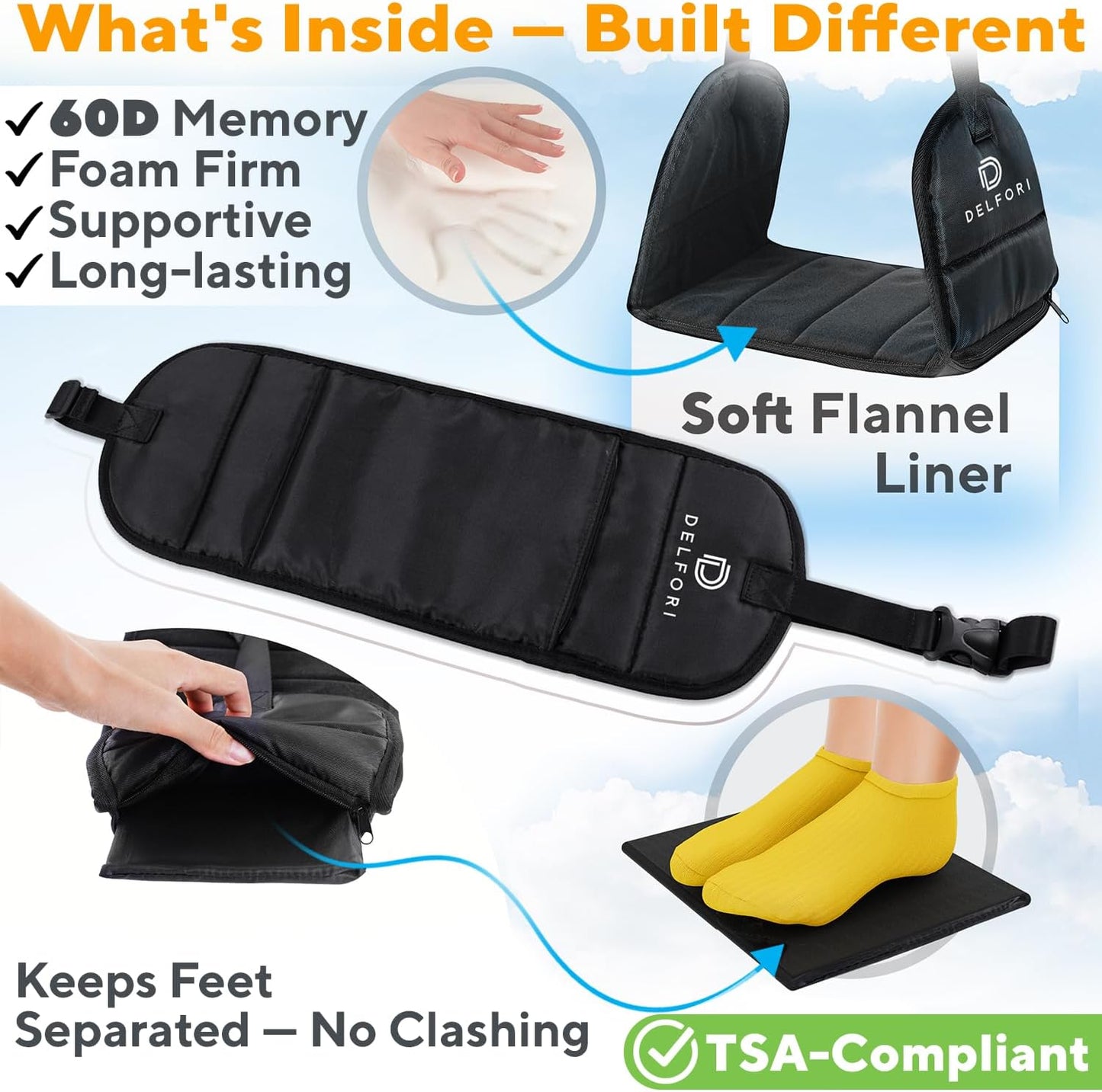 Portable Airplane Footrest for Airplane Travel - Comfortable Foot Hammock w/Memory Foam & Hardboard for No Feet Clashing - Ideal for Pain and Swelling Relief - Travel Essentials to Relax Your Feet