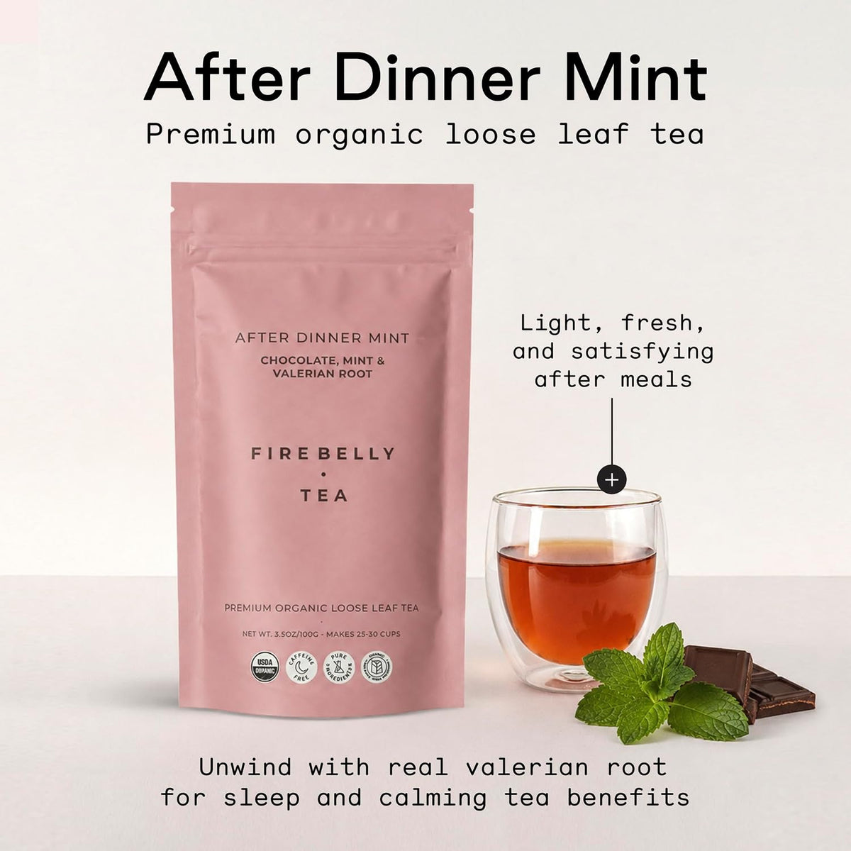 Firebelly Tea After Dinner Mint, Organic Chocolate & Mint Tea with Valerian Root, Loose Leaf Herbal Tea, Caffeine-Free, Chocolate Mint Tea for Your Evening Routine, 3.5 oz, Pack of 1