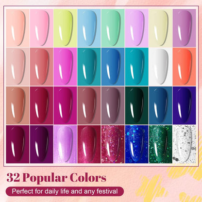JODSONE Gel Nail Polish Kit with U V Light 32 Colors Gel Polish Nail + 4 Functional Adhesive Bottles Kit Soak Off Manicure Tools Gifts for Women