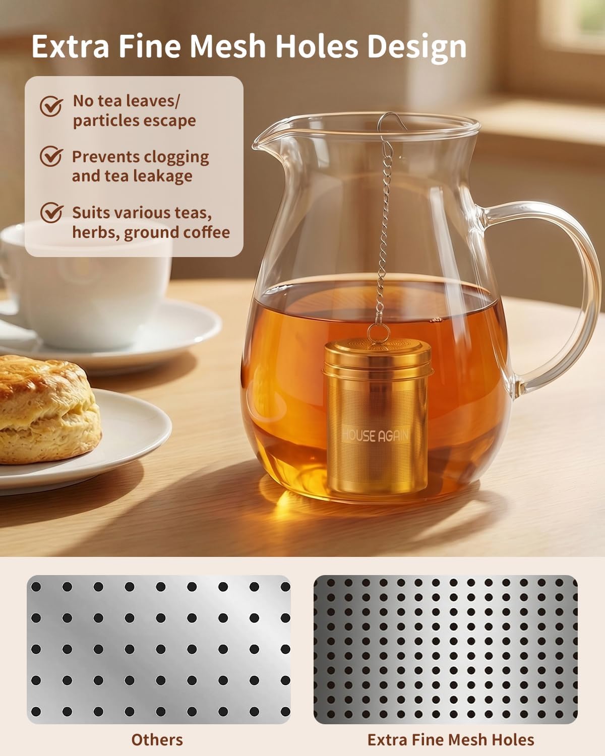 House Again 2 Pack Tea Infuser, Extra Fine Mesh Tea Infusers for Loose Tea, 18/8 Stainless Steel Tea Strainer with Extended Chain Hook, Tea Steeper for Brew Tea, Spices & Seasonings