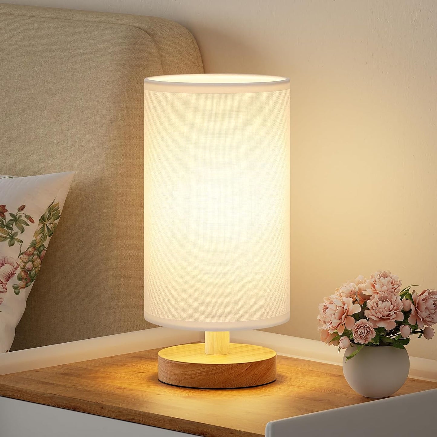 Fenmzee Small Table Lamp for Bedroom - Inline Control, Bedside Lamp with 3000K A15 LED Blub, Easy Assembly (Cream Shade - Wood Base, 9" Inline Control)
