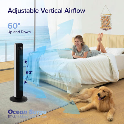 LEVOIT Tower Fan for Bedroom, Standing Fan with 36”-47” Adjustable Height, 90° Oscillating Room Fan, 28dB Quiet for Sleep, 23 ft/s Velocity, 5 Speeds 4 Modes, 12H Timer, Remoter, for Home, White