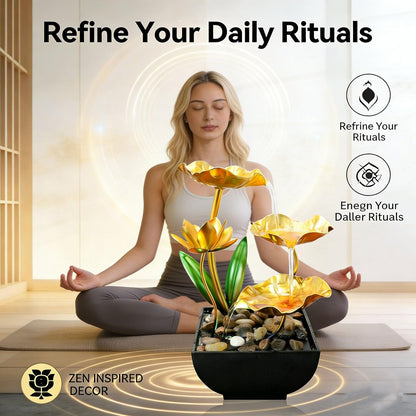 11‘’ H Gold Tabletop Water Fountain, Zen Desktop Waterfall, Indoor Lotus Desktop Decorative Fountain, Home Bathroom Bedroom Decor.