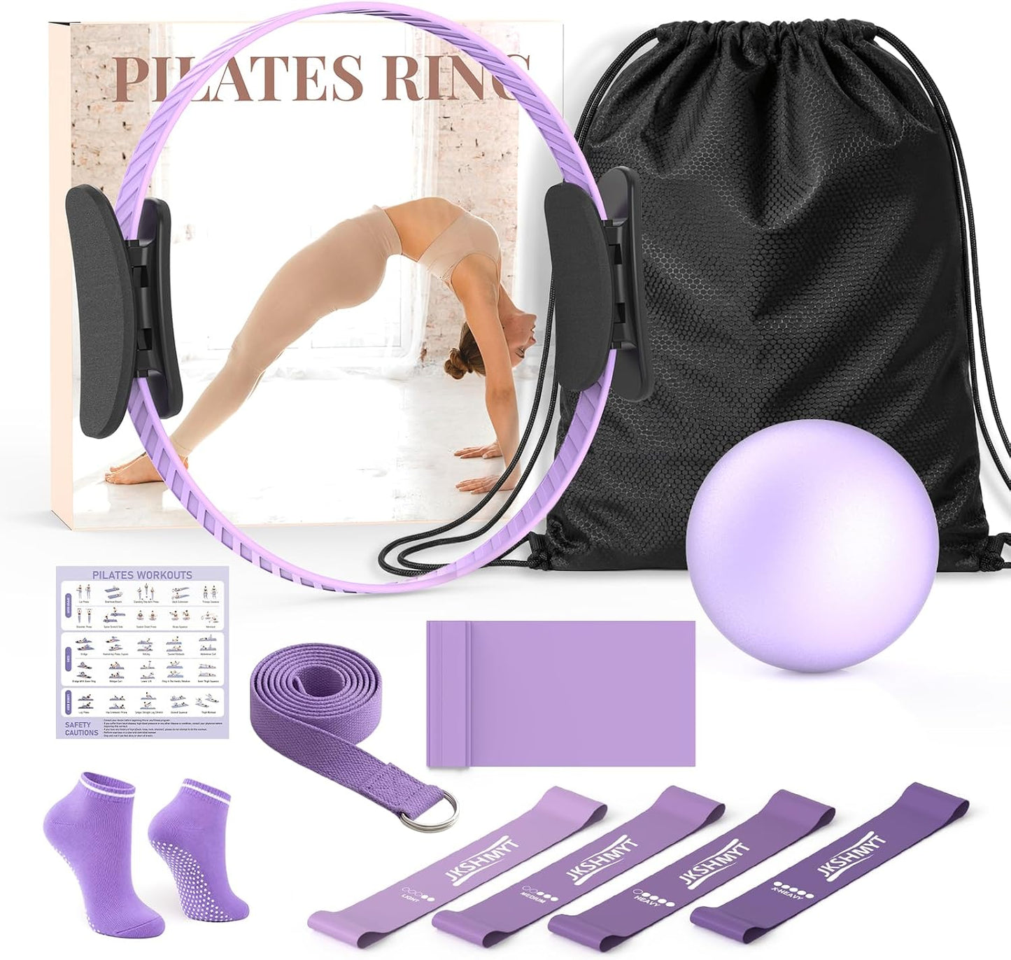 JKSHMYT Pilates Kit for Women,Pilates Equipment Set –14.5" Home Magic Ring Workout with Pilates Ball,Resistance Bands,Yoga Strap,Yoga Ring & Grip Socks Accessories for Essentials Starter Home Workouts