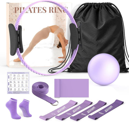 JKSHMYT Pilates Kit for Women,Pilates Equipment Set –14.5" Home Magic Ring Workout with Pilates Ball,Resistance Bands,Yoga Strap,Yoga Ring & Grip Socks Accessories for Essentials Starter Home Workouts