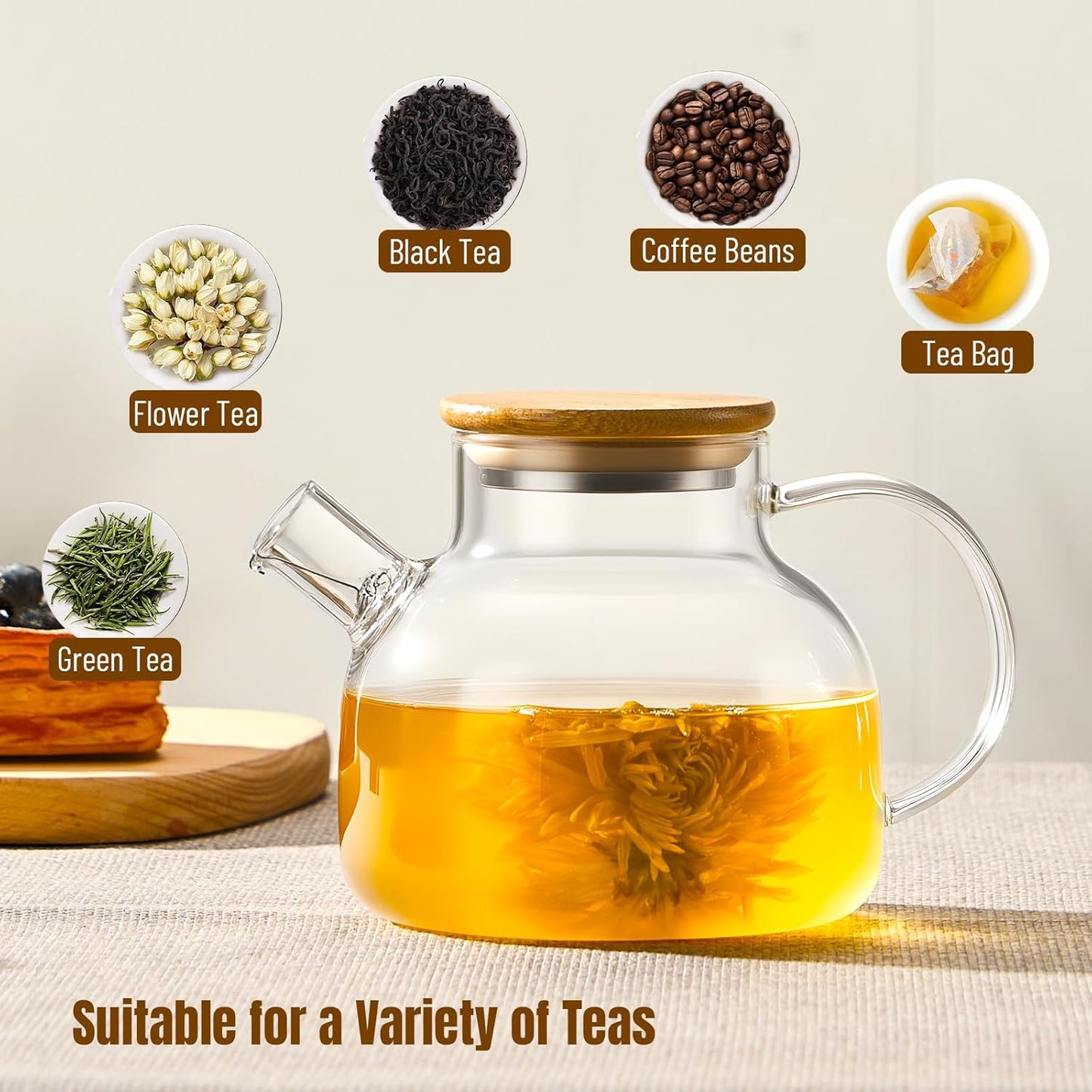 PARACITY Glass Teapot Stovetop 40 OZ/1200ml, Borosilicate Clear Tea Kettle with Removable 18/8 Stainless Steel Infuser, Teapot Blooming and Loose Leaf Tea Maker Tea Brewer for Camping, Travel