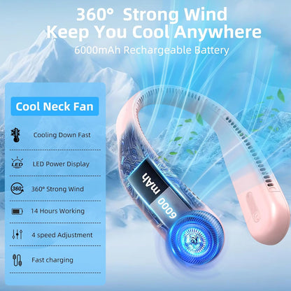 Portable Neck Fan, Personal Wearable Bladeless Fan, 6000mAh USB Rechargeable, 360° Airflow, LED Display, 4-Speeds, Hands Free Fan for Outdoor Indoor, Birthday Gifts for Men Women Dad Mom (Black)
