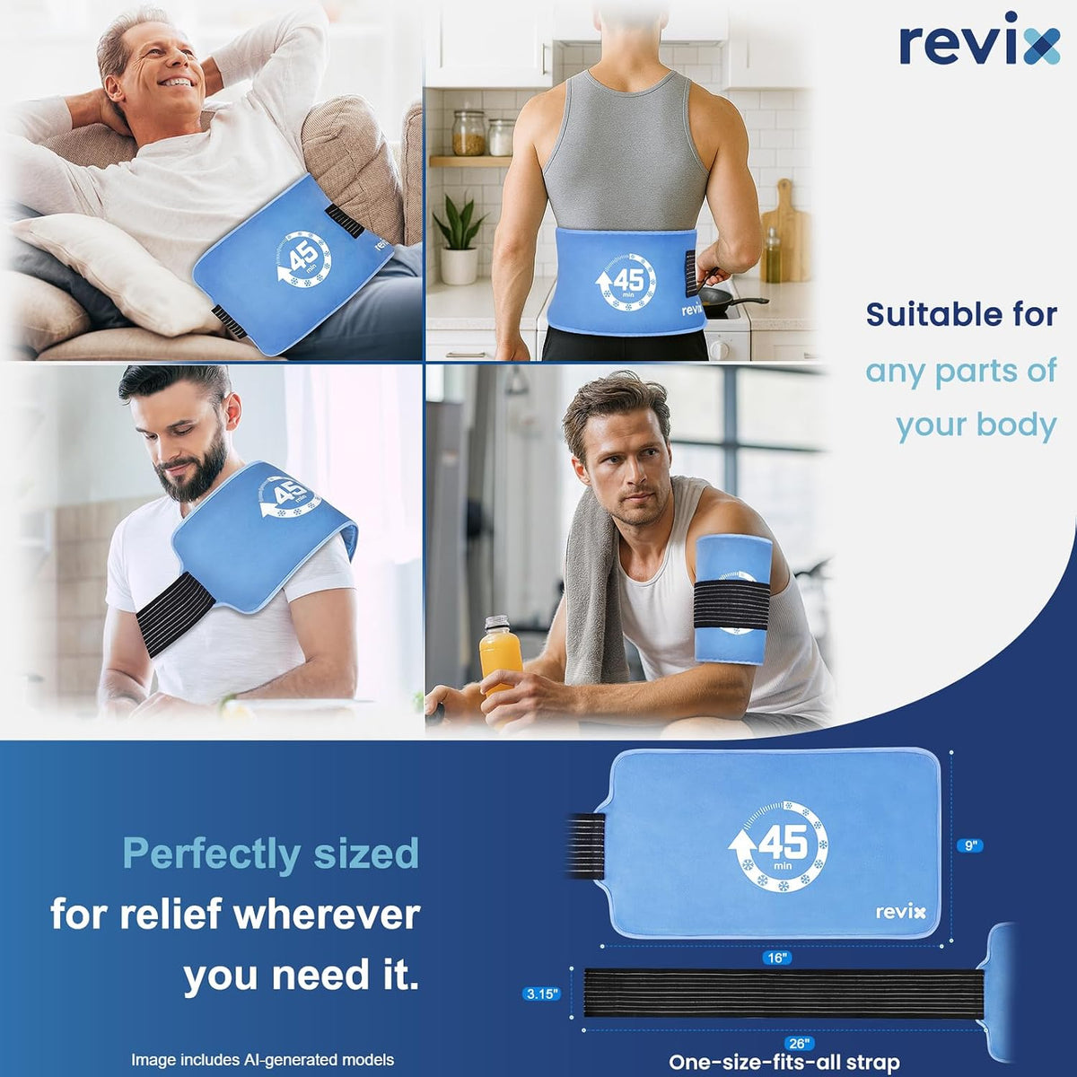 REVIX Ice Pack for Injuries Reusable, 14 × 7" Gel Cold Compress with Strap