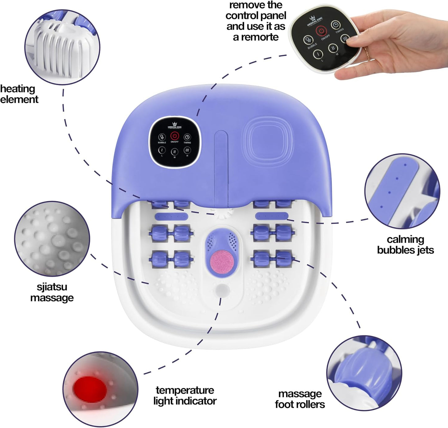 Medical king Foot Spa with Heat and Massage and Jets Includes A Remote Control A Pumice Stone Collapsible Massager with Bubbles and Vibration