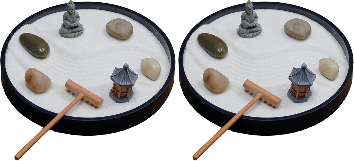 Nature's Mark Mini Zen Garden Kit for Desk with Rake, White Sand, Lotus Figure, 3 Sections Black Square Base, River Rocks and Black Rocks (9Lx9W C)