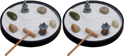 Nature's Mark Mini Zen Garden Kit for Desk with Rake, White Sand, Lotus Figure, 3 Sections Black Square Base, River Rocks and Black Rocks (9Lx9W C)
