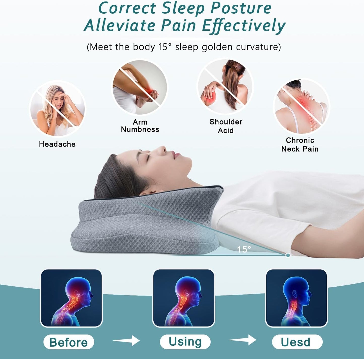 CHxxy Cervical Neck Pillow for Pain Relief Sleeping, Memory Foam Pillows, Ergonomic Side Sleeper Pillows, Cooling Orthopedic Neck Support Pillow for Back Stomach Sleepers-Queen Size Grey&Grey