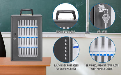Barska 36 Cell Phone Lock Box Portable & Wall Mountable Storage Cabinet with Key Lock, Foam Slots & Charging Ports for Classrooms & Offices