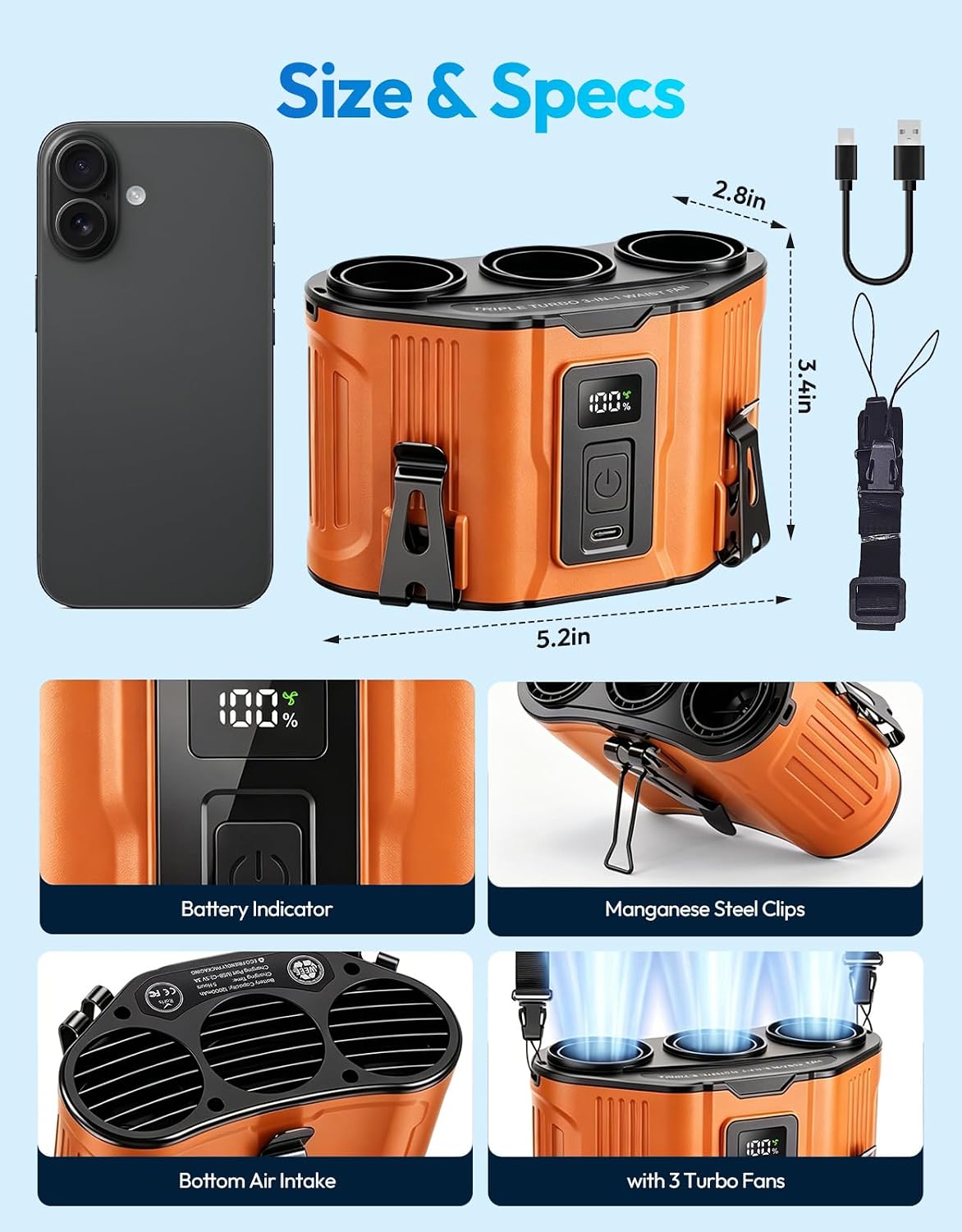 Portable Waist Fan, 12000mAh Rechargeable 3-Turbo Belt Fan