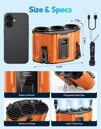 Portable Waist Fan, 12000mAh Rechargeable 3-Turbo Belt Fan