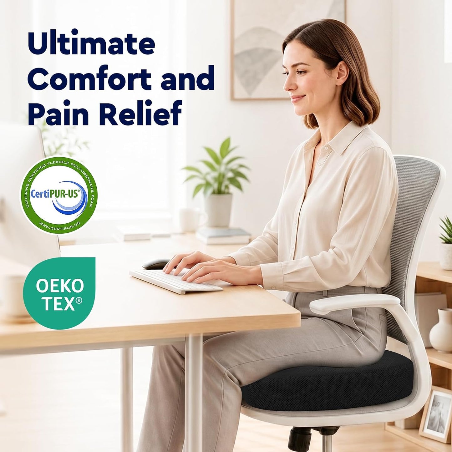 TushGuard Seat Cushion - Memory Foam Sitting Pillow for Office Chair, Car Seat, Airplane, Bleacher - Sciatica & Hip & Coccyx Pain Relief Desk Chair Cushion for Long Sitting Office Workers, Car Drivers