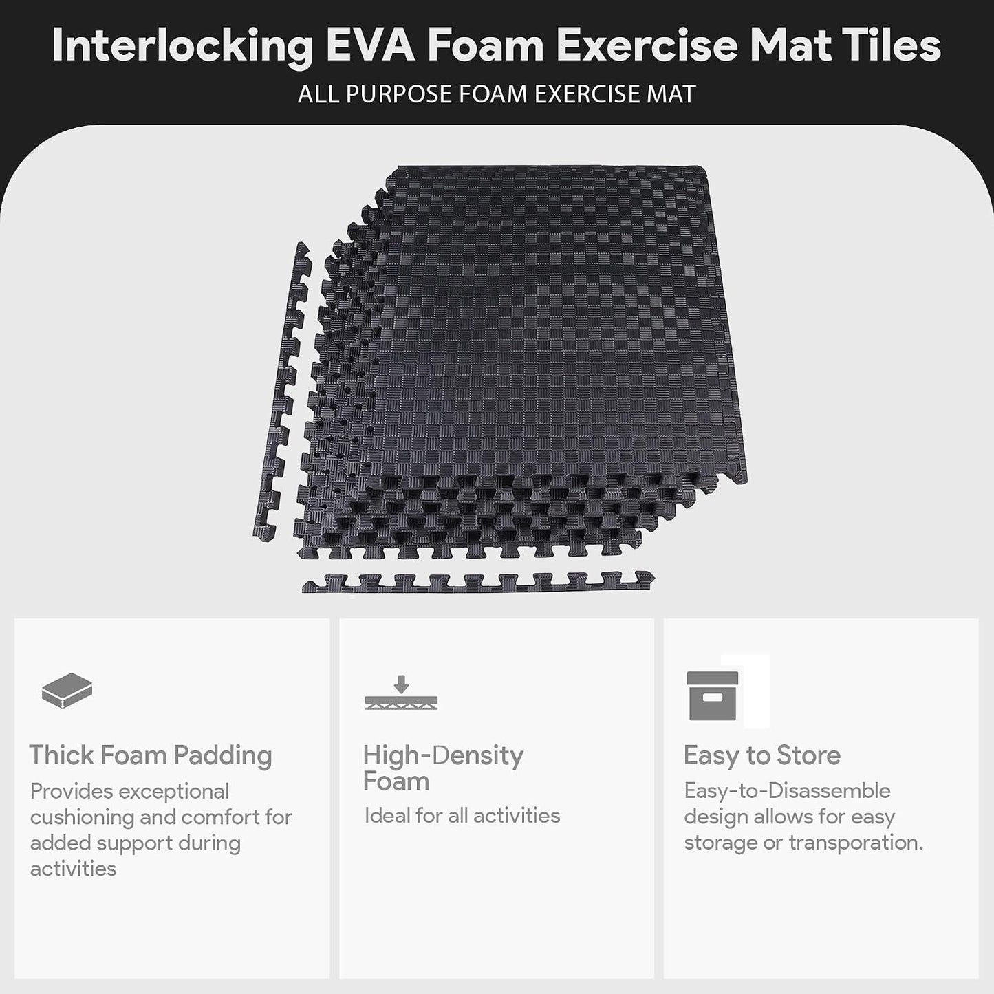 BalanceFrom Puzzle Exercise Mat 1/2" Thick, EVA Interlocking Foam Floor | Tiles for Home Gym, Mat for Home Workout Equipment, Floor Padding for Kids, Black, 24 in x 24 in x 1/2 in, 144 Sq Ft-36 Tiles