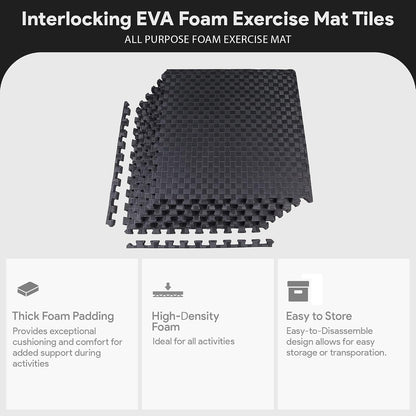 BalanceFrom Puzzle Exercise Mat 1/2" Thick, EVA Interlocking Foam Floor | Tiles for Home Gym, Mat for Home Workout Equipment, Floor Padding for Kids, Black, 24 in x 24 in x 1/2 in, 144 Sq Ft-36 Tiles