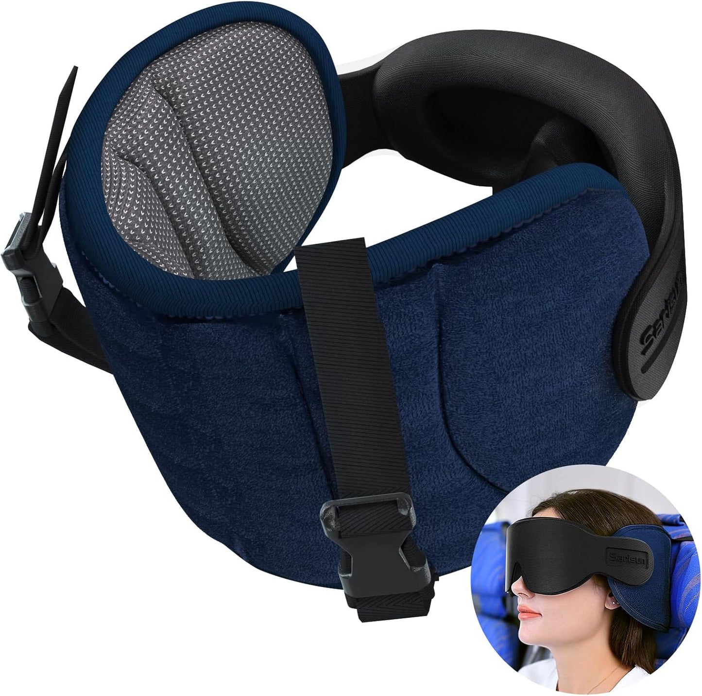 SARISUN Travel Pillows for Airplanes, 360° Stable Support Airplane Pillow with 3D Eye Mask, Headrest Pillow for Long Flight Road Trip Sleep, Stop Bobblehead Travel Essential, Black