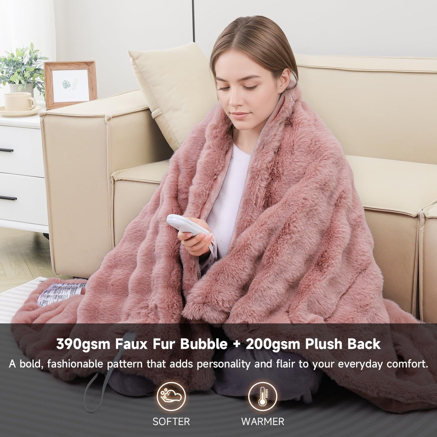 Heated Blanket Electric Throw- 50"x60" Soft Thick Bubble Electric Blanket for Sofa with 5 Heat Levels & 4 Hours Auto-Off Overheat Protection, Warm Cozy Gifts, Light Grey