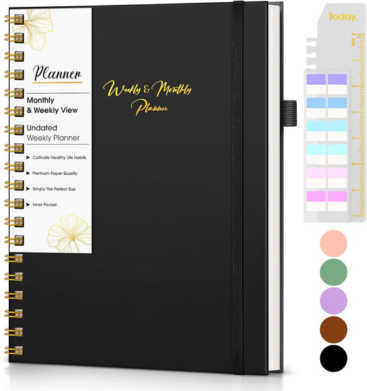 Undated Weekly and Monthly Planner, B5 Large Weekly To Do List Notebook with Goal & Habit Tracker Organizer, Hardcover Spiral Bound Blank Monthly Planner for Work School Home 7.4" x 9.64" Black