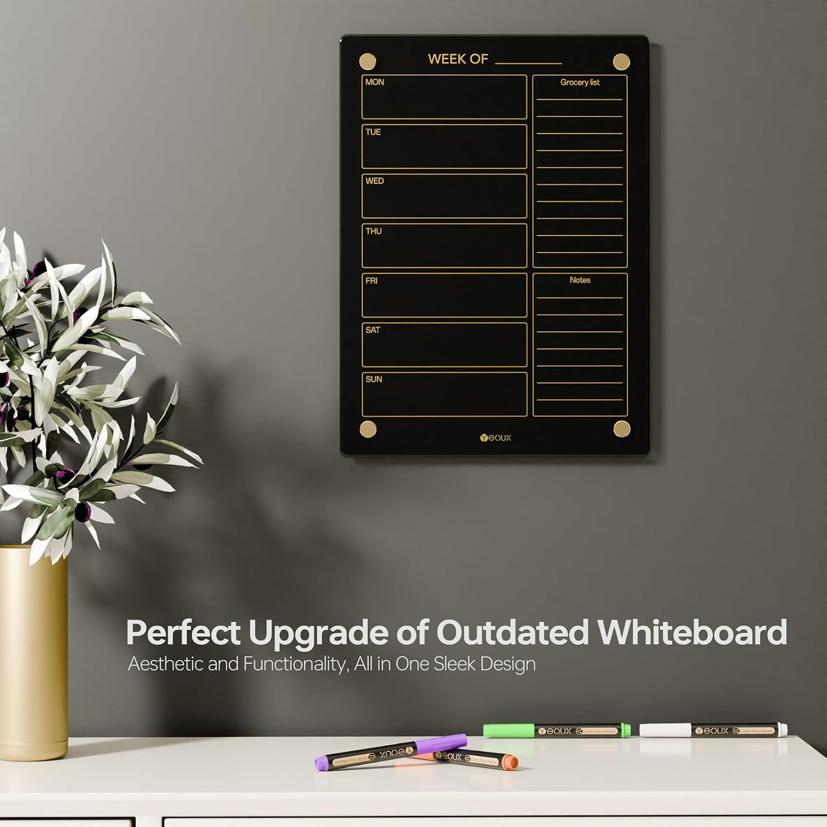 Yeoux Black Glass Golden Weekly & Menu Dry Erase Calendar Board 15“x11