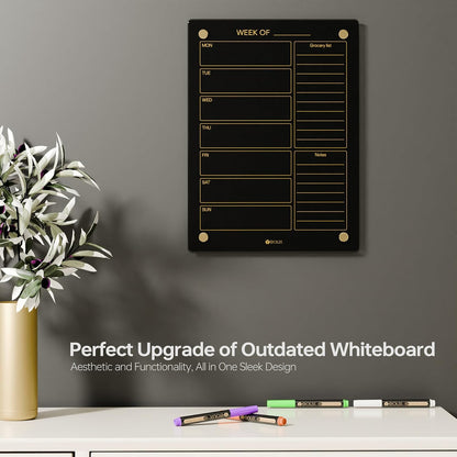 Yeoux Black Glass Golden Weekly & Menu Dry Erase Calendar Board 15“x11