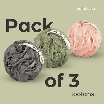 MainBasics Bath Shower Loofah Sponge Pouf Body Scrubber Exfoliator Body Wash Sponge (Set of 3, Airy Blossom)