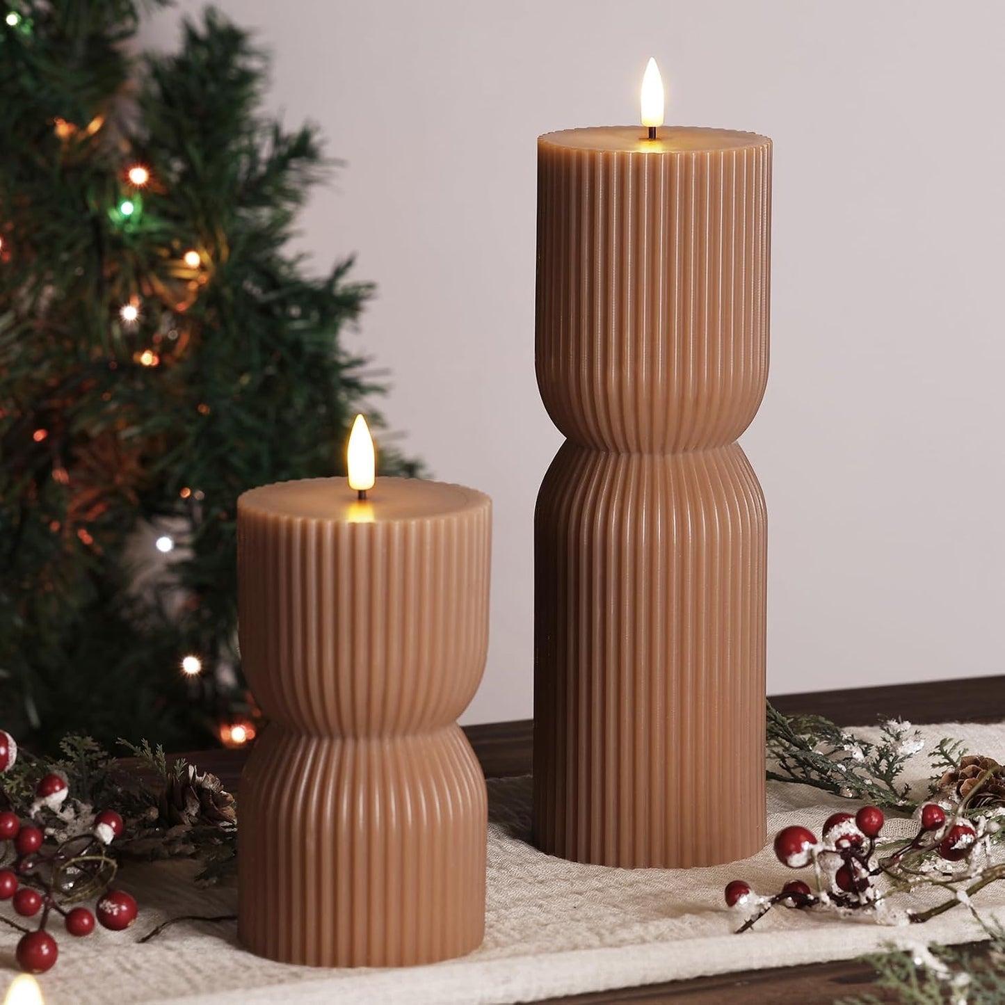 White Ribbed Flameless Pillar Candles with Remote, Real Wax Flickering Battery LED Candles Set of 2