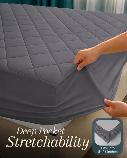 Quilted Fitted Mattress Pad, Queen Mattress Protector Topper with Deep Pocket Stretches up to 16 Inches, Machine Washable Mattress Cover by Utopia Bedding (White)