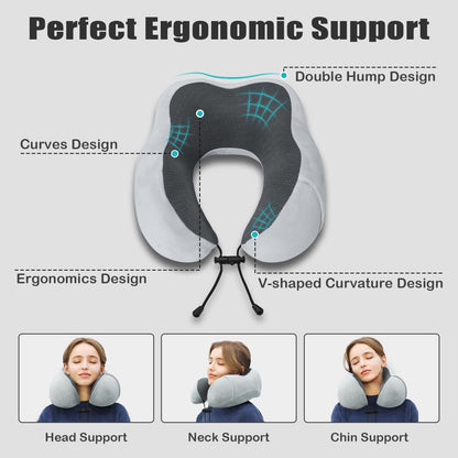 Travel Pillow, Memory Foam Neck Pillow for Traveling, U Shape Neck Pillow Airplane Portable Flight Pillow Travel Kit with 5D Contoured Eye Masks and Earplug for Plane Train Car Home Office