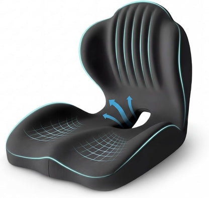 Ergonomic Waist Support and Seat Cushion, 2-in-1 Memory Foam Pad, Hollow Design for Coccyx, Suitable for Office Chairs, Car Safety Seats and Household Use - Relieves Lower Back and Hip Pain (Grey)