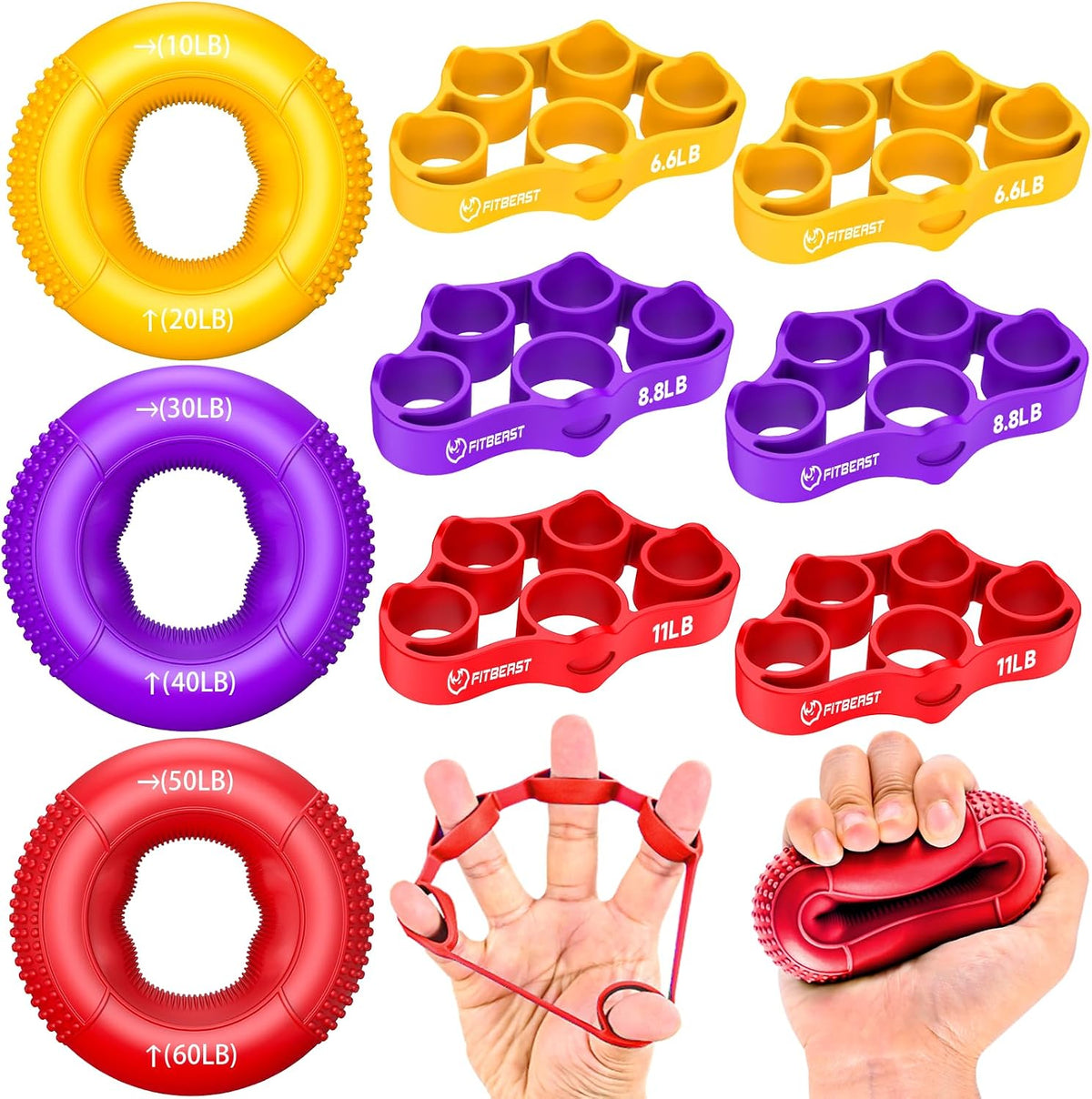 FitBeast Grip Strength Trainer, Finger Exerciser, Forearm Strengthener 9-Piece Kit, Hand Grip Strengthener Targeted Strength, Relief & Recovery