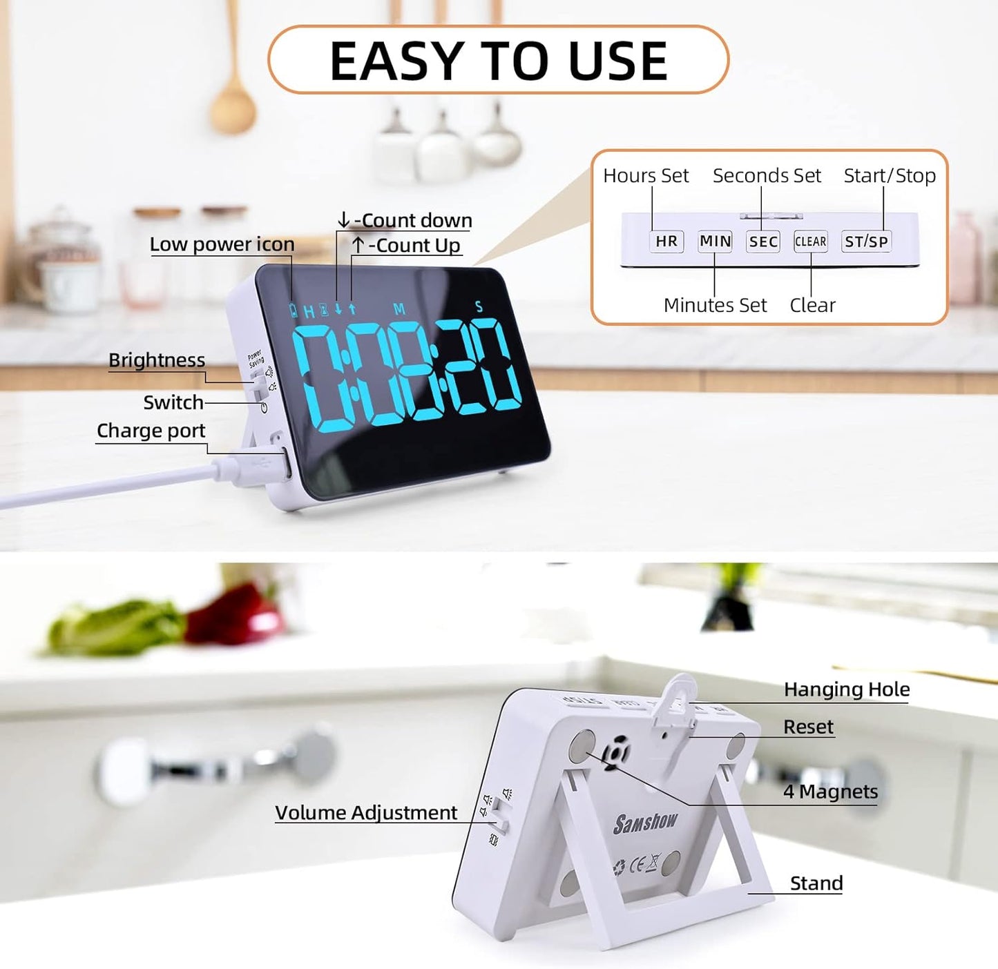 Rechargeable Digital Kitchen Timer for Cooking, Magnetic Timers with Countdown/up, Kids Timer with 5”LED Display 3 Brightness 4 Volume Adjustable for Classroom/Office/Home/Work/Fitness/Game（Blue）