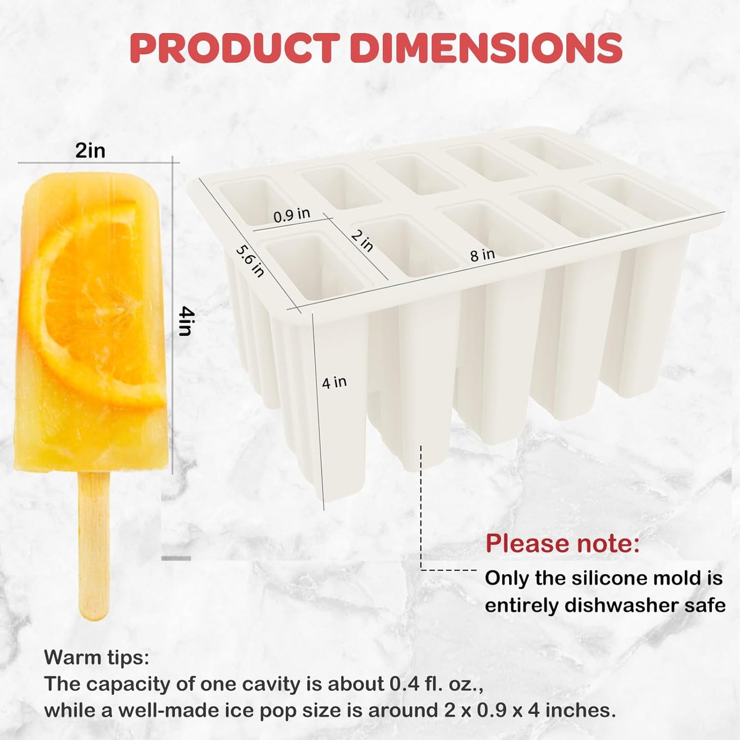 Miaowoof Homemade Popsicle Molds, 10-Cav Non-BPA Silicone Ice Pop Maker, with 50 Sticks, 50 Bags, 10 Reusable Sticks, Funnel, Brush and Ice Pop Recipe (Red)