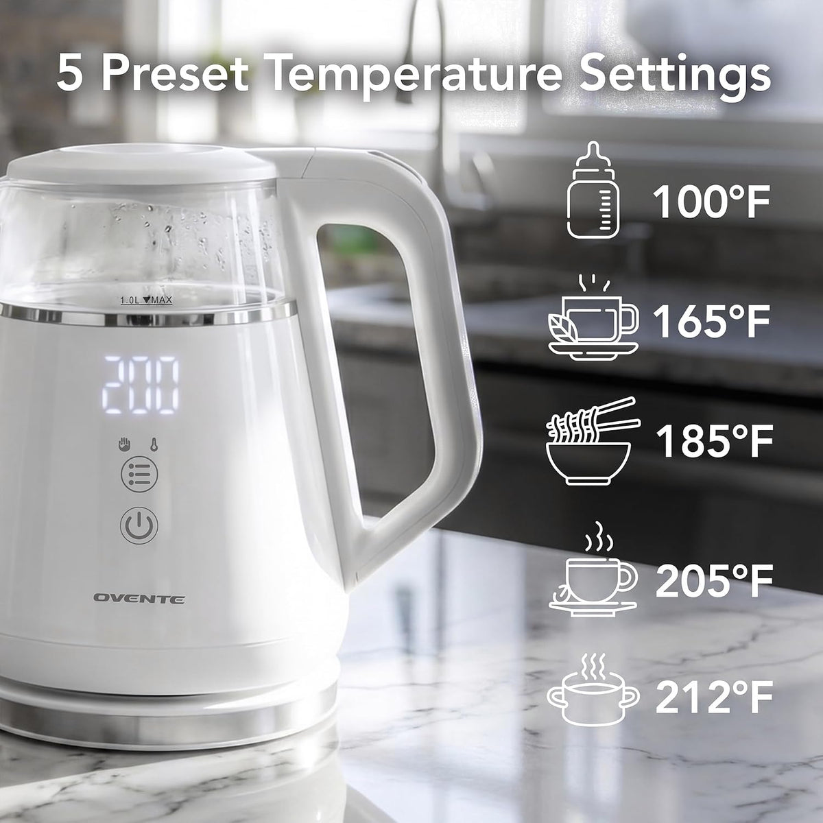 OVENTE 1L Electric Kettle with Temperature Control, 1500W, Black KD95B
