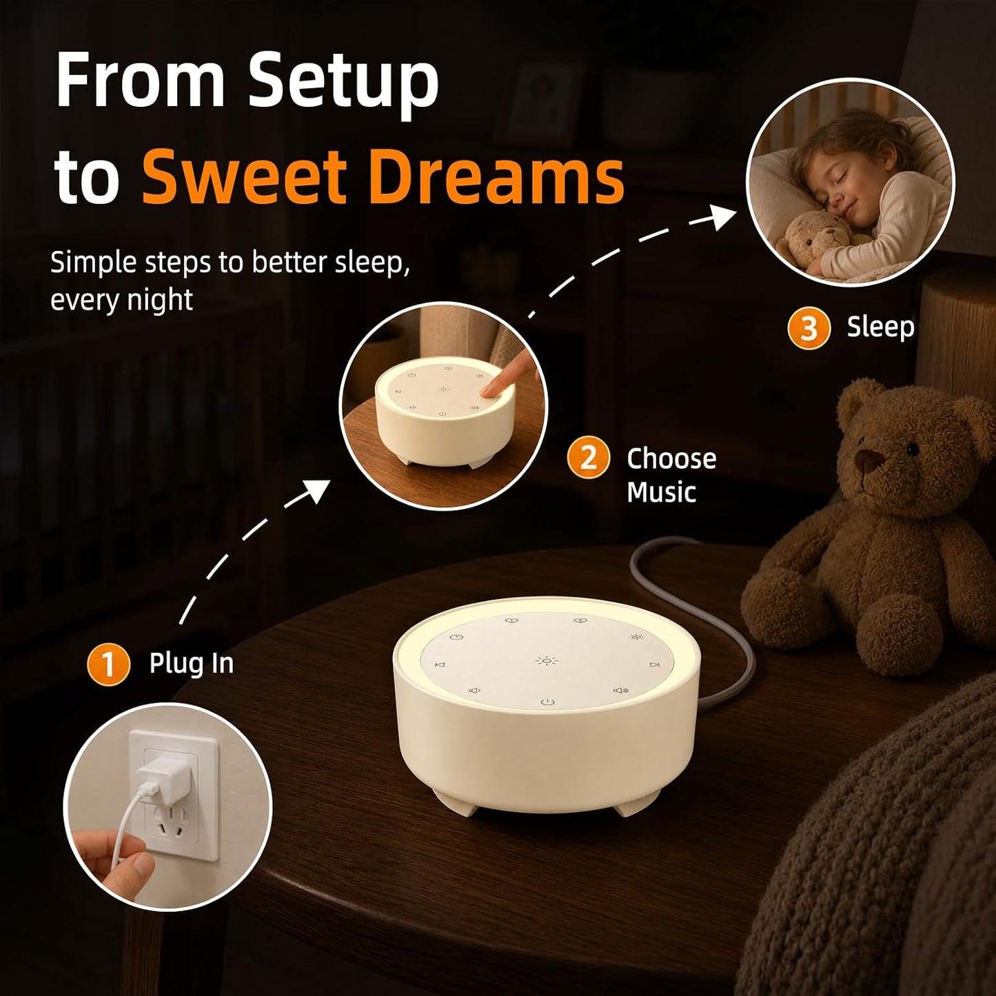 Kipcush White Noise Machine for Sleeping – High-Fidelity Non-Looping Sounds, Dimmable Night Light, USB Powered, Sleep Sound Machine for Baby, Kids & Adults (A - Model White+, Standard)