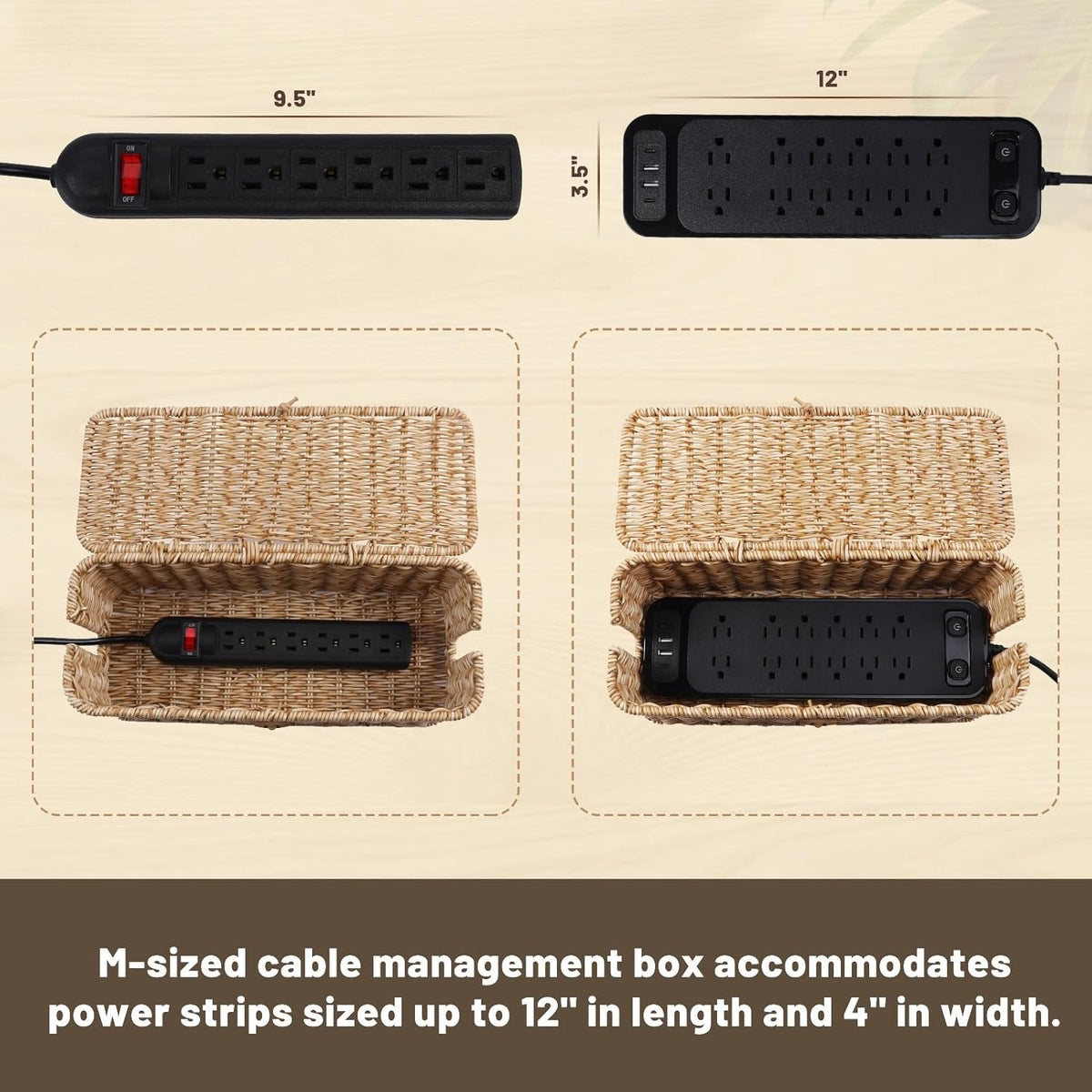 Cable Management Box, Cord Organizer with Lid & Cable Ties - Brown, L