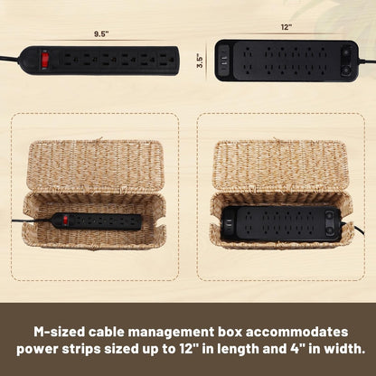 Cable Management Box, Cord Organizer with Lid & Cable Ties - Brown, L