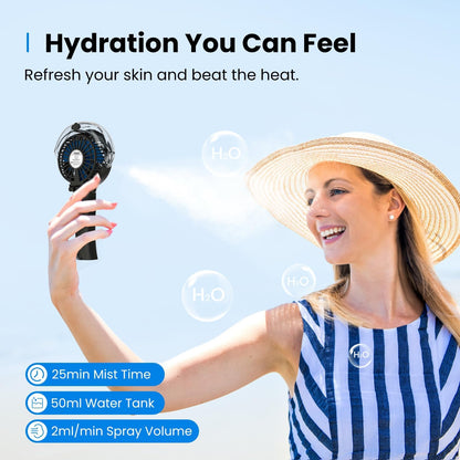 KIBEE Portable Misting Fan, 4000mAh Rechargeable Handheld Fan with 50ml Water Tank, Foldable 180° Mini Mist Spray Fan, 3 Speeds Personal Cooling Fan for Travel, Makeup, Outdoor, Concerts, Gray