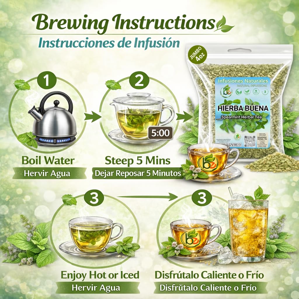 Spearmint Herbal Tea (Hierba, Yerba-Buena) - 4 oz (113g) - Authentic 100% Natural Dried Mentha Spicata Leaves - Caffeine-Free, Vegan & Non-GMO - Premium Loose Leaf - by BEXPERTSUSA
